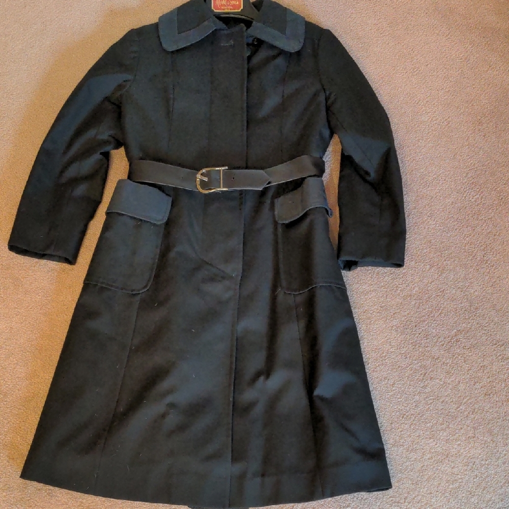 12. Joshar Montreal Vintage Black Trench Coat Faux Leather Red Lined Belted - Picture 3 of 13